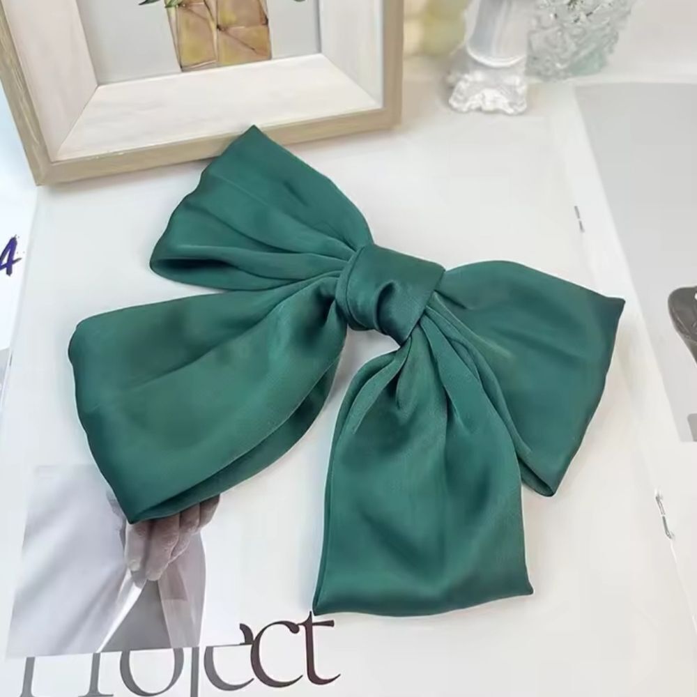 Brand New New Silky Large Green Ribbon Bows Hair Clips